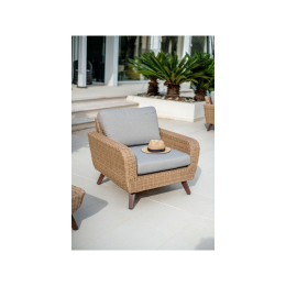 fauteuil-royal-riviera-alu-resine-miel-coussin-gris-clair|Mobilier de jardin